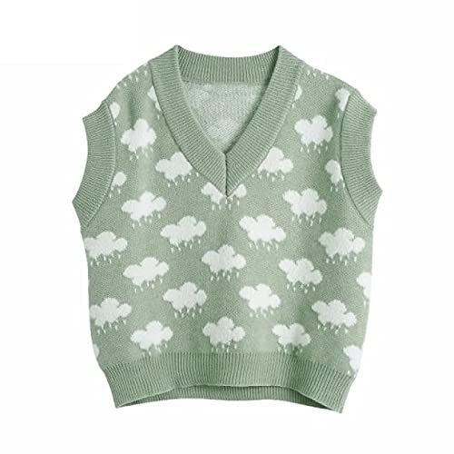 LifeOfPro Cloud Jacquard Casual Loose Knitted Vest Sweater Lady V Neck Sleeveles