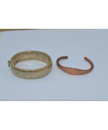Vintage Gold Tone Etched Flower Pattern Hinged Bangle Bracelet &amp; Copper ... - $18.65