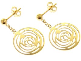 18K YELLOW GOLD PENDANT EARRINGS, FLOWER ROSE WORKED DISC, MADE IN ITALY image 1