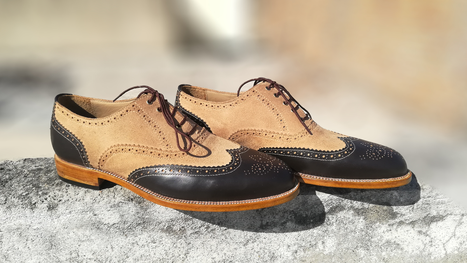 Beige Black Wing Tip Brogues Toe Customized Genuine Leather Oxford Lace ...