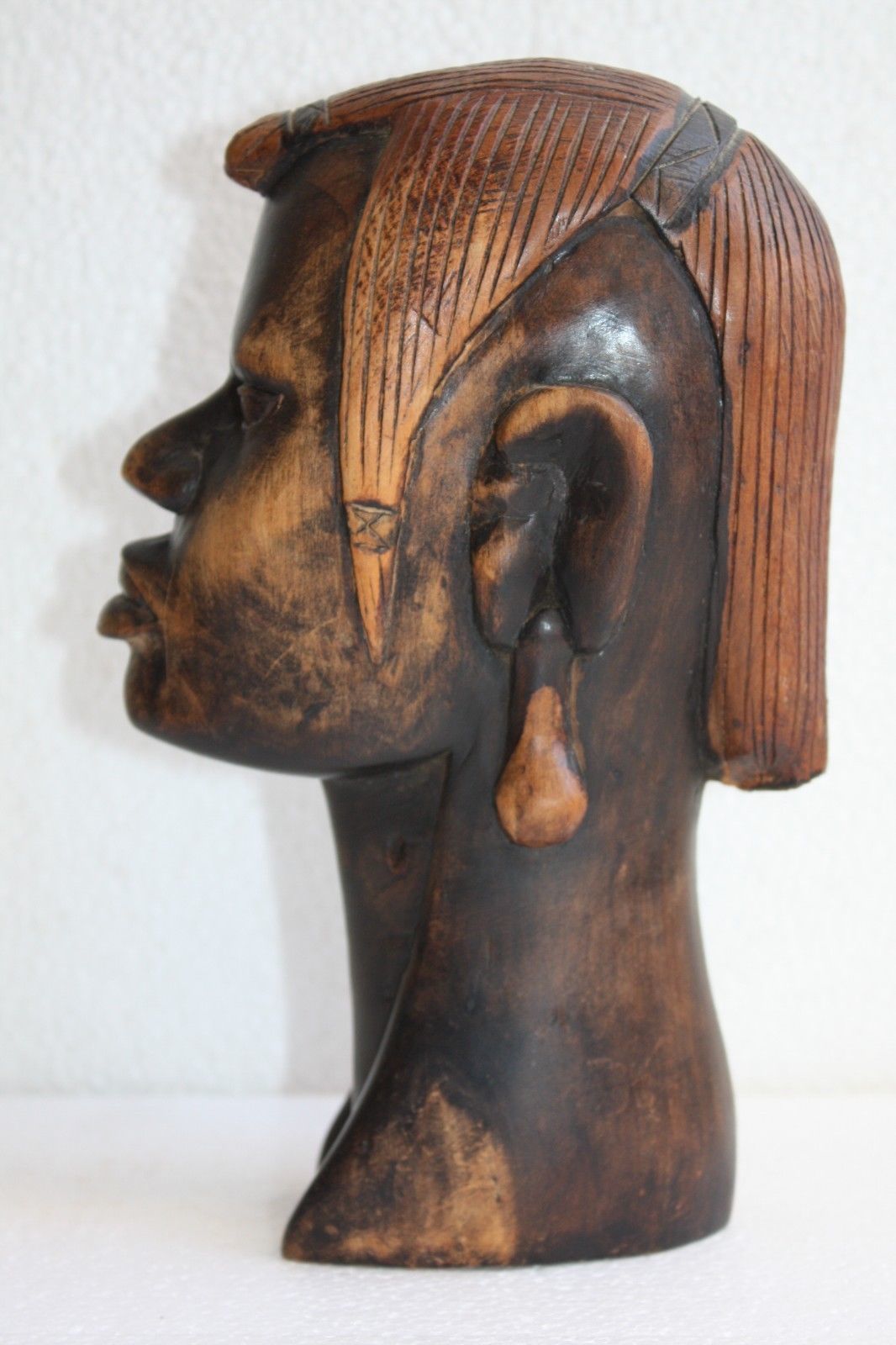 Vintage wood carved tribal art female statue holding jug!