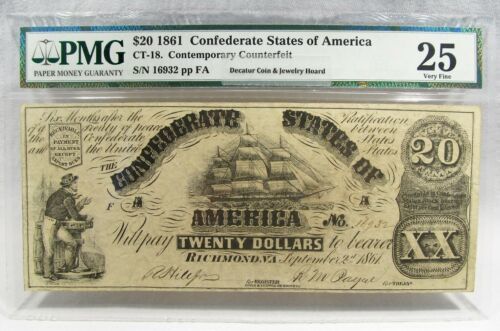 Primary image for 1861 $20 Confederate States of America VA Galleon Ship PMG CT-18 Note PC-348
