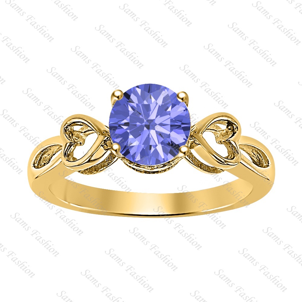 Round Tanzanite 14k Yellow Gold Over 925 Silver Double Heart Ring Women'