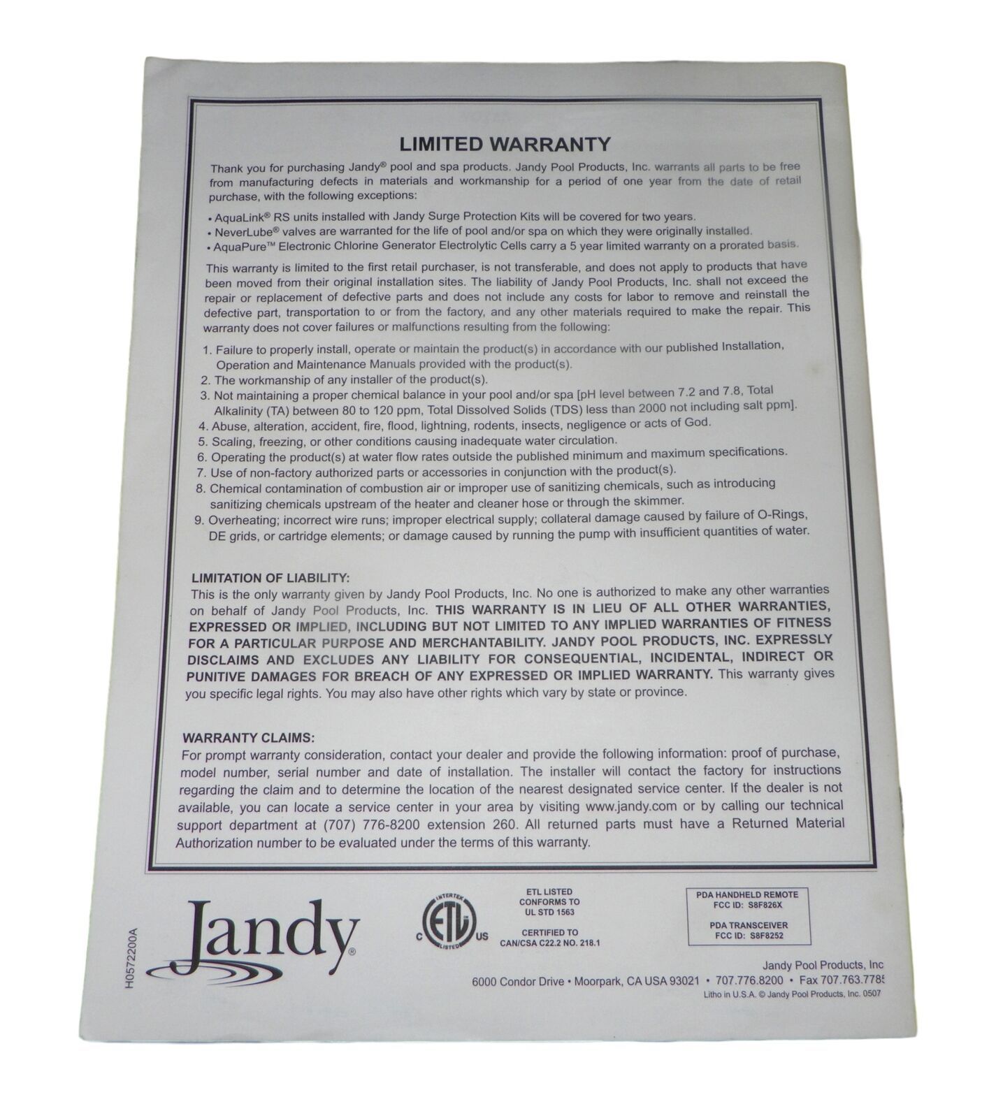 Jandy Aqualink RS PDA Pool Digital Assistant Installation Manual