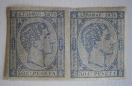 CUBA 1876 Stamp, Scott #69a  King Alfonso XII  50c (ultr) Imper. Pair - $12.00