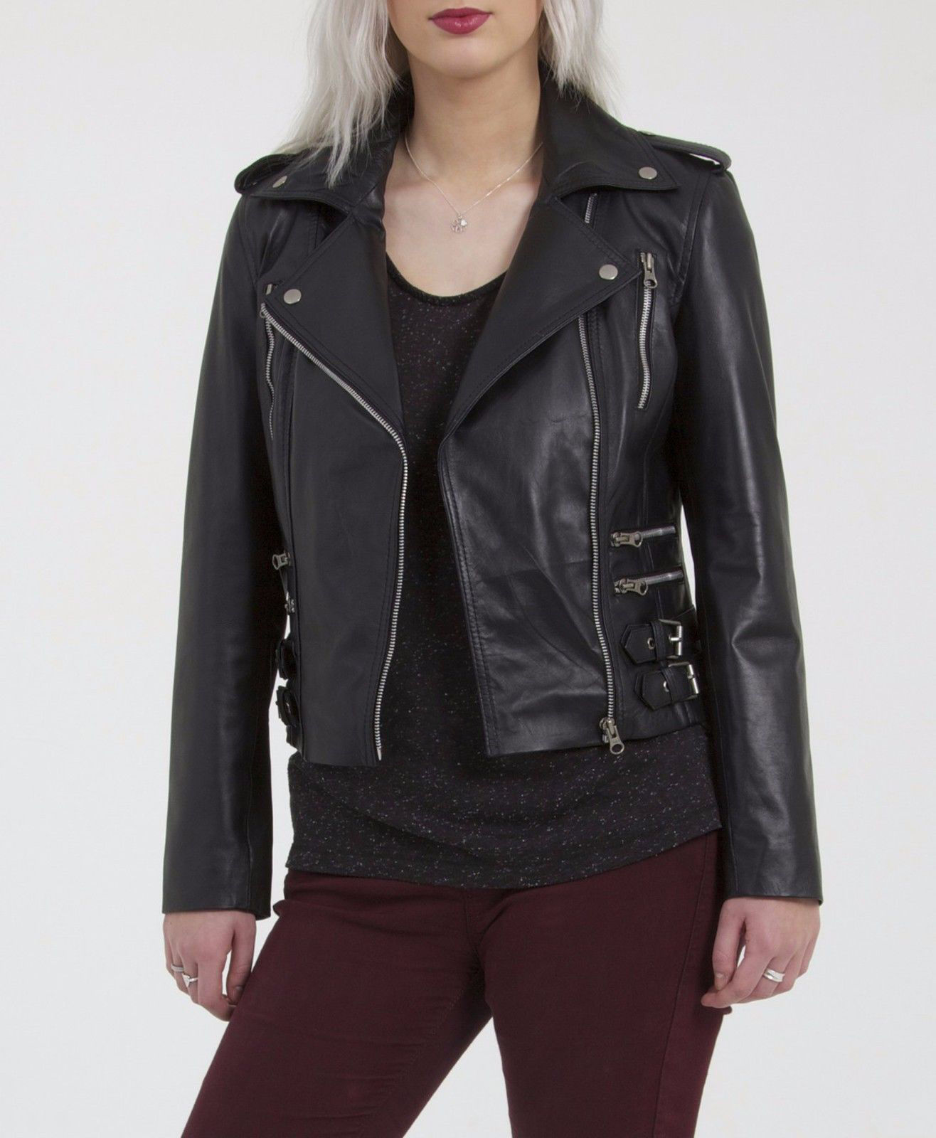 Women's Black Genuine Lambskin Leather Jacket Motorcycle Slim Fit Biker