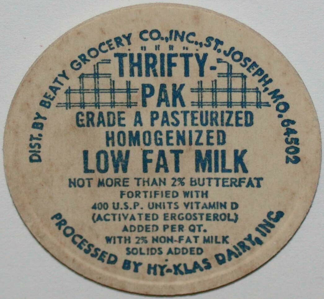 Vintage milk bottle cap HY-KLAS DAIRY Thrifty Pak Beaty Grocery Co St ...