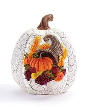 Thanksgiving Pumpkin With Cornucopia Design White Crackle Look Resin 7" High