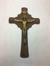 VINTAGE Wooden CARVED Crucifix PAINTED Wall HANGING Swirling BORDER Inri... - $41.57