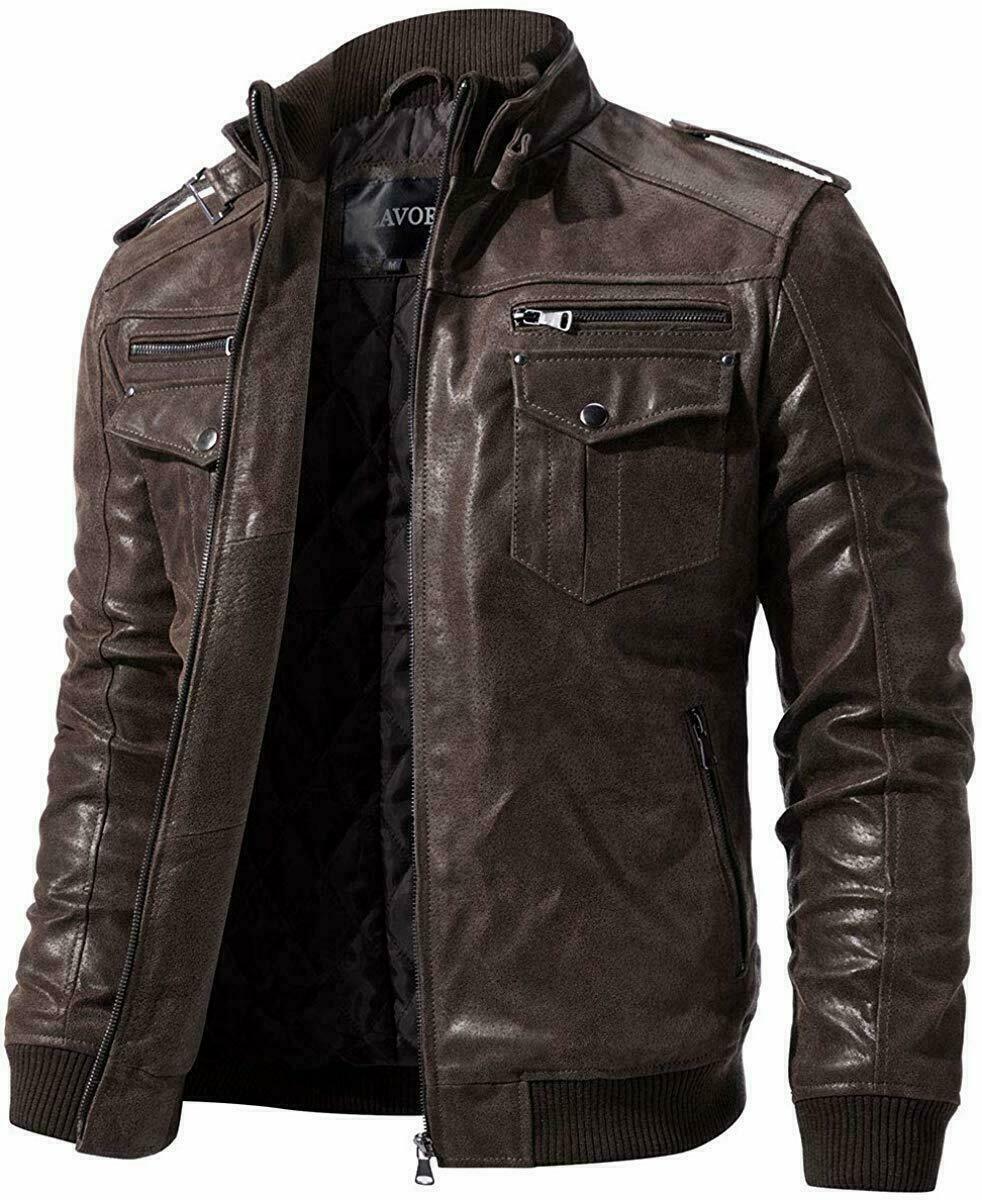 New Mens Biker Motorcycle Cafe Racer Brown Leather Jacket Coat