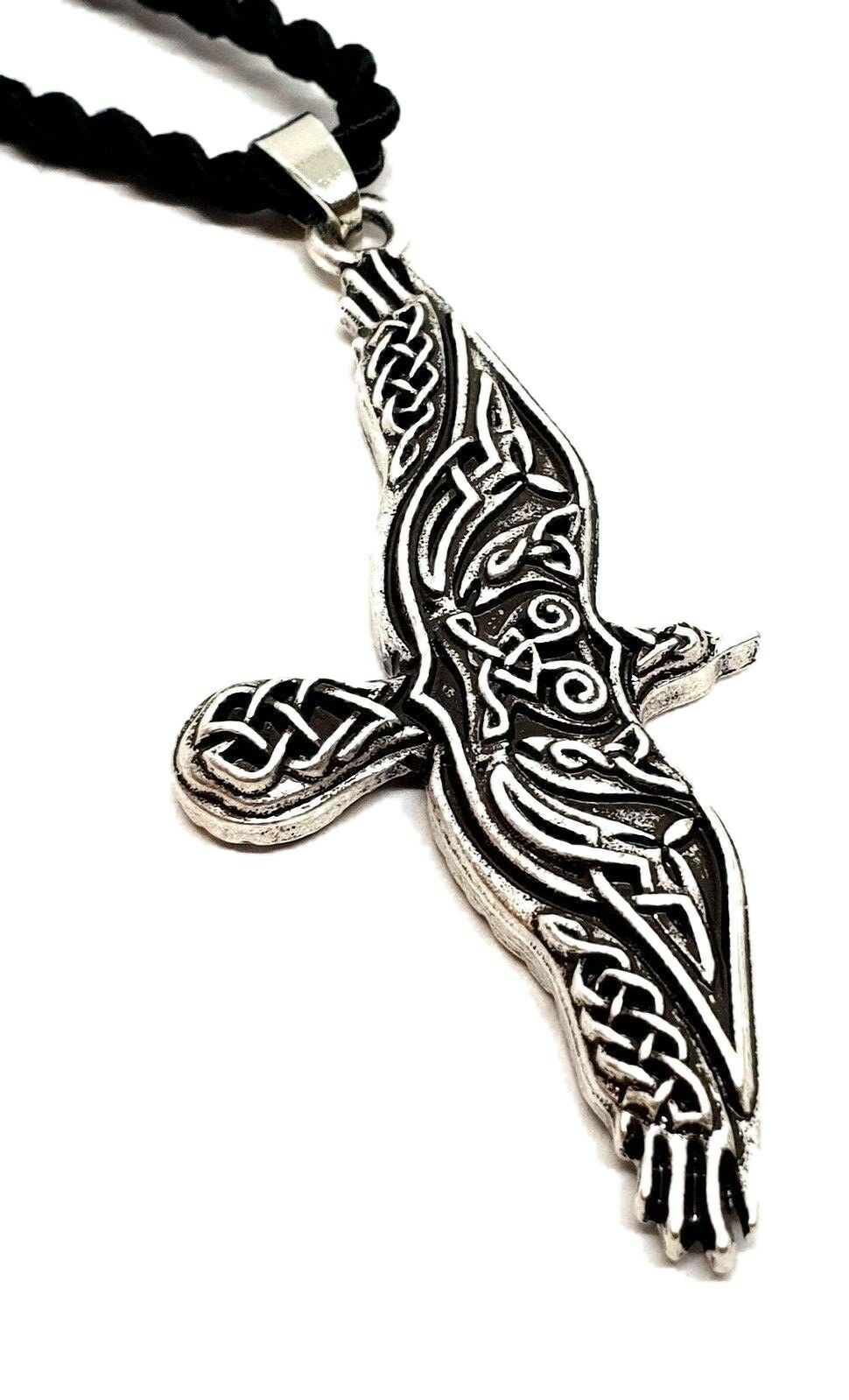 Raven Crow Pendant Morrigan Viking Celtic Pagan Cord Reversible Necklace