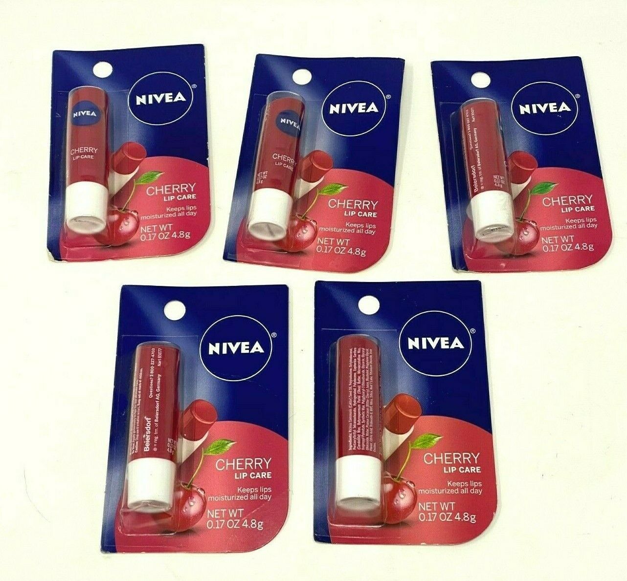 New 5 Pack Nivea Cherry Red Lip Care Balm Stick Moisture Shea Butter