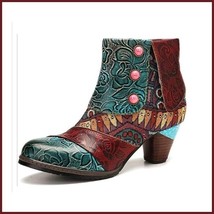  Boho Designed Multicolor Spliced PU Leather Zipper Block High Heel Ankle Boots