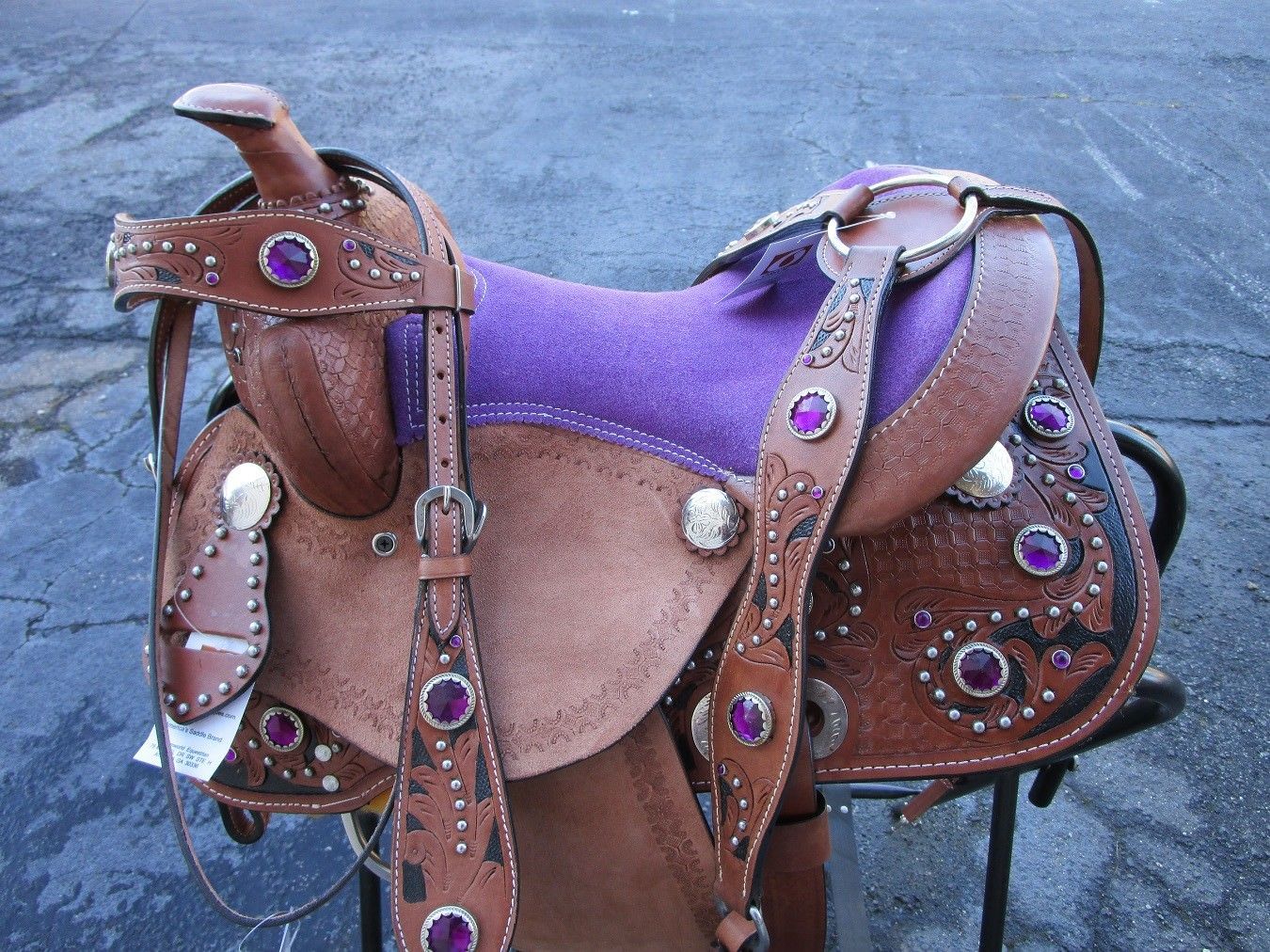 KIDS PONY YOUTH PURPLE STONE FLORAL TOOLED LEATHER WESTERN HORSE SADDLE