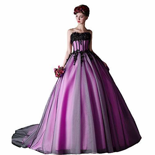 Kivary Plus Size Black Beaded Lace Long Gothic Prom Wedding Dress Light Purple U