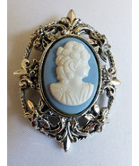 VINTAGE SILVER TONE WHITE ON BLUE CAMEO PIN BROOCH OR PENDANT - $44.55
