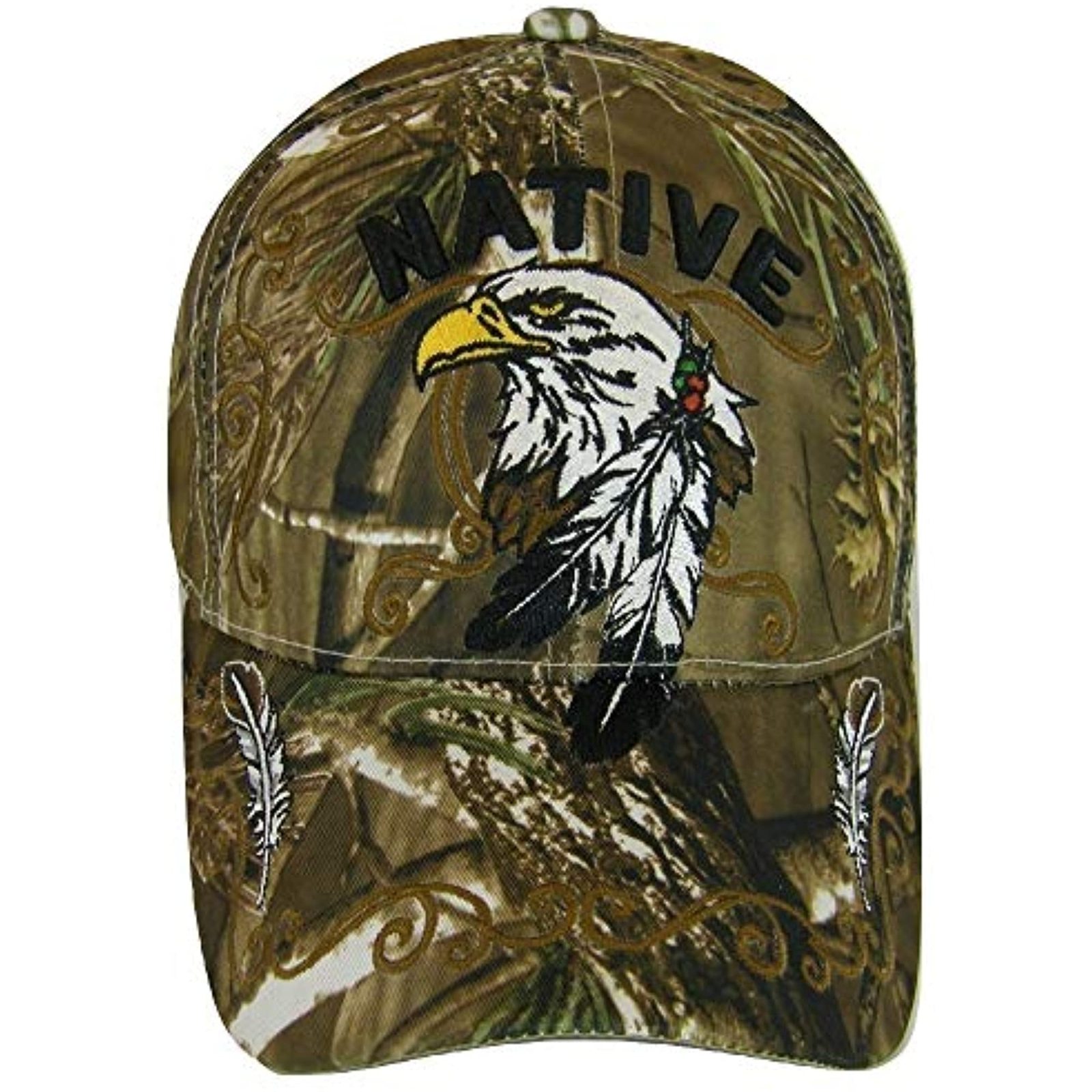 Native Pride Eagle Adjustable Baseball Cap with Feathers and Swirls (Hunting Cam