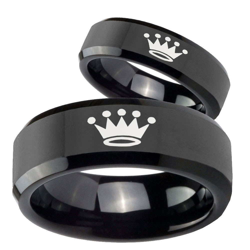 His and Hers Crown Beveled Edges Black Tungsten Wedding