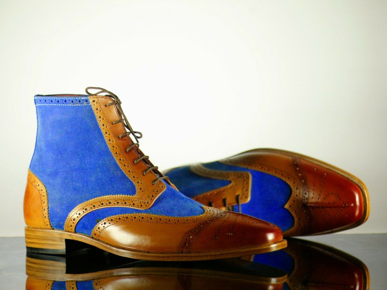Handmade Men's Blue Brown Leather Suede Wing Tip Brogue Boots, Men Designer Boot
