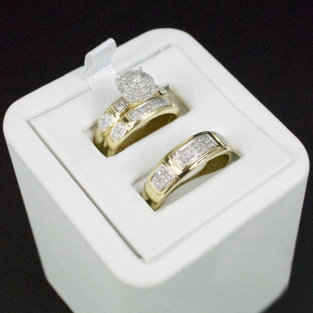 His And Her 10K Yellow Gold Diamond Engagement Bridal Wedding Band Trio ...