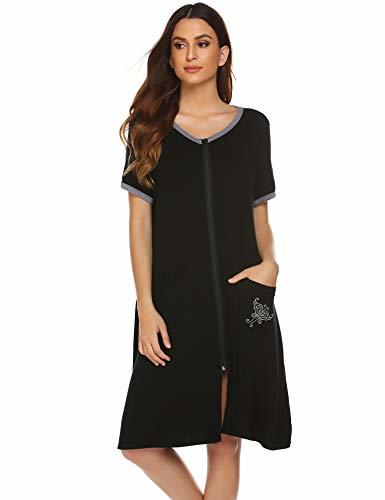 Ekouaer Sleepwear Lightweight Cotton Robe Zipper Front Housecoat Black ...