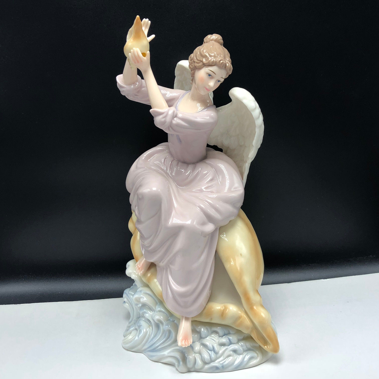 O'WELL ANGEL STATUE porcelain sculpture 12" holding seashell conch
