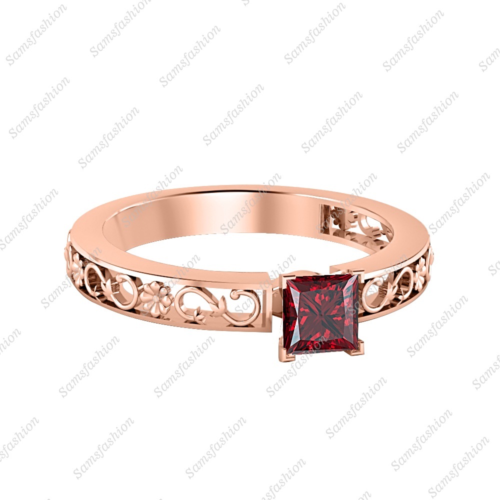 Women's Solitaire Princess Red Garnet 14k Rose Gold Over Silver Engagement Ring