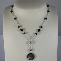 .925 RHODIUM SILVER NECKLACE WITH DISC OF MOTHER OF PEARL AND BLACK CRYSTALS image 1