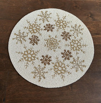Tahari Beaded Christmas Charger Placemat New Snowflake Ivory Gold Round - $36.99