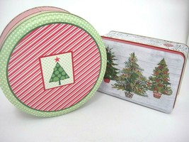 Christmas Tins Lot of 2 Rectangular with Trees Round Noel with Strips an... - $16.03