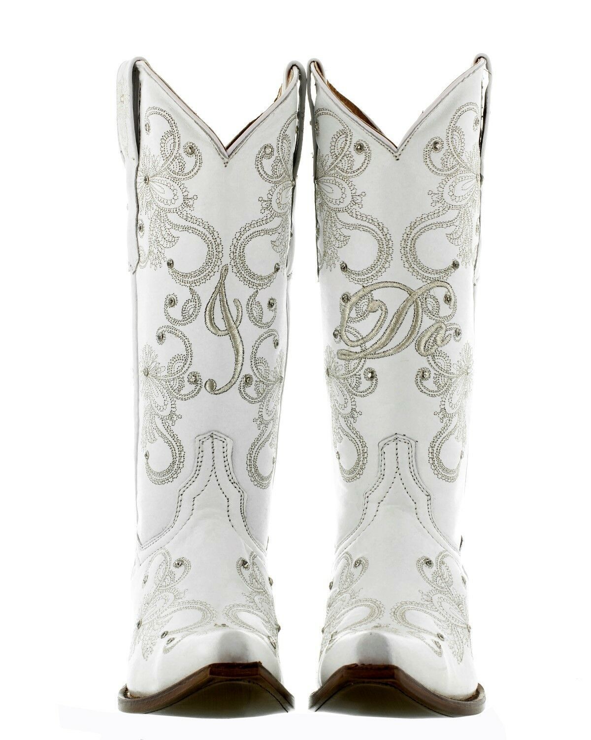 Cowboy Boots Women Wedding I Do Rhinestones Floral Paisley White Snip Toe - Boots