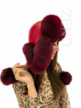 Fox Fur Hat Saga Furs Aviator Hat Burgundy Color Trapper Fur Hat With Leather image 2