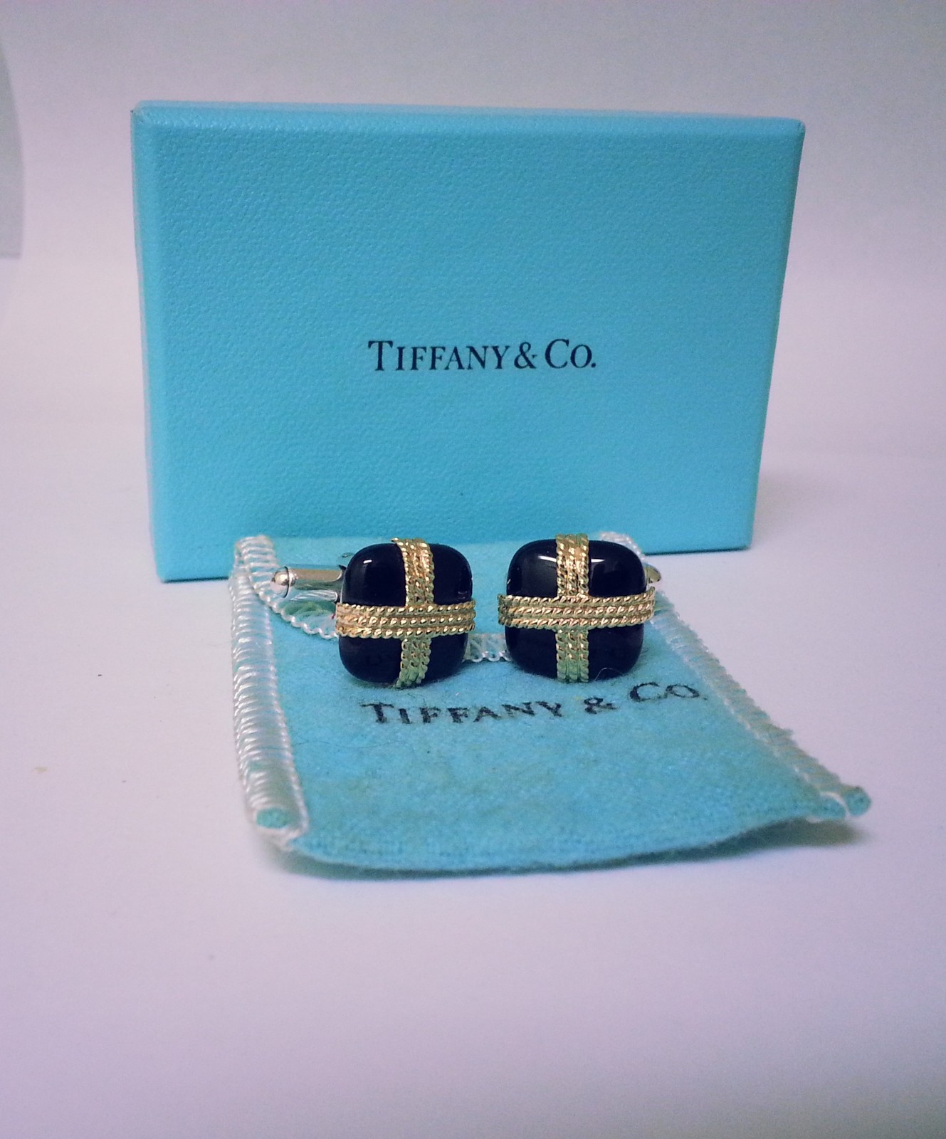 Tiffany & Co. Cuff Links ~ Solid 14 K Yellow Gold ~ Black Onyx ~ Silver ...