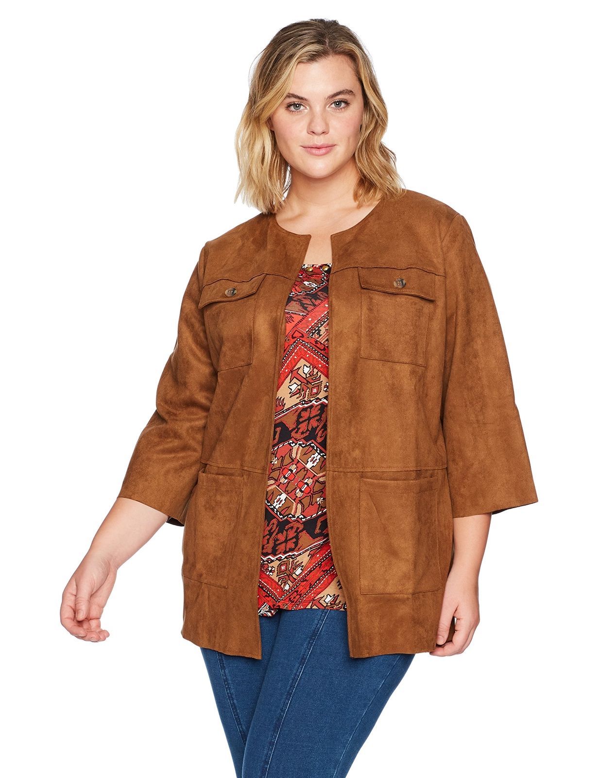 Ruby Rd. Womens Plus Size Open-Front Heavy Stretch Suede Jacket with 