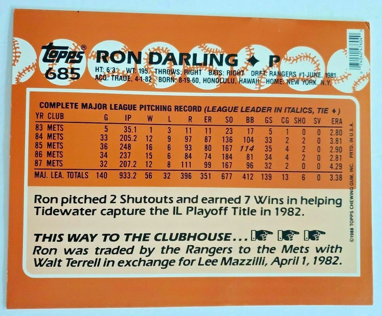 Ron Darling - Mets #685 Topps 1988 Baseball Trading Card