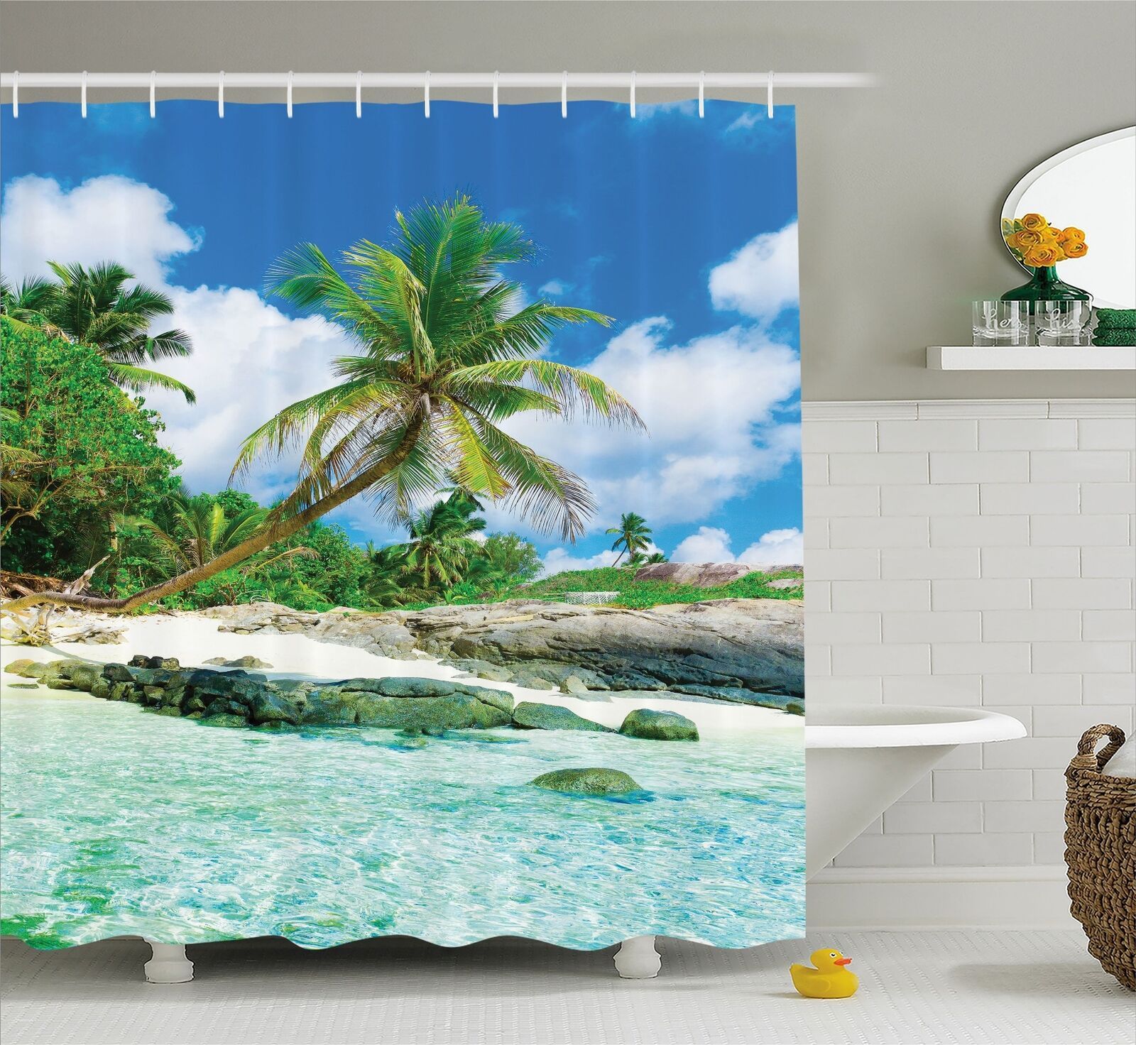 Beach Islands Seaside Fabric Shower Curtain Summer Palm Tree Rock ...