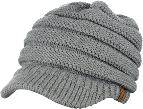 C.C Brand Brim Visor Trim Ponytail Beanie Ski Hat Knitted Messy Bun Cap - Gray