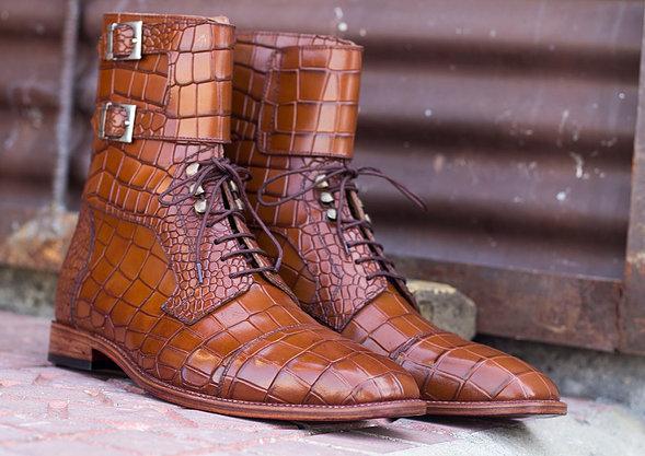 Handmade Men's Brown Alligator Textured Leather Boots, Mens Buckle Lace Up Boots