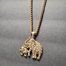 Elephant Necklace with Rhinestones, Mother and Baby, Gold Tone Vintage image 2