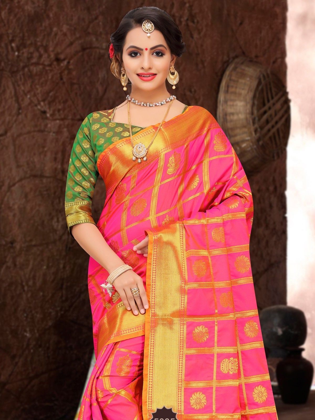 New Indian Wedding Traditional Women Saree Peach Patola Silk Woven Sari