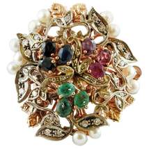 Diamonds, Rubies, Emeralds, Blue Sapphires, Pearls, 9K rose Gold and Sil... - $860.00