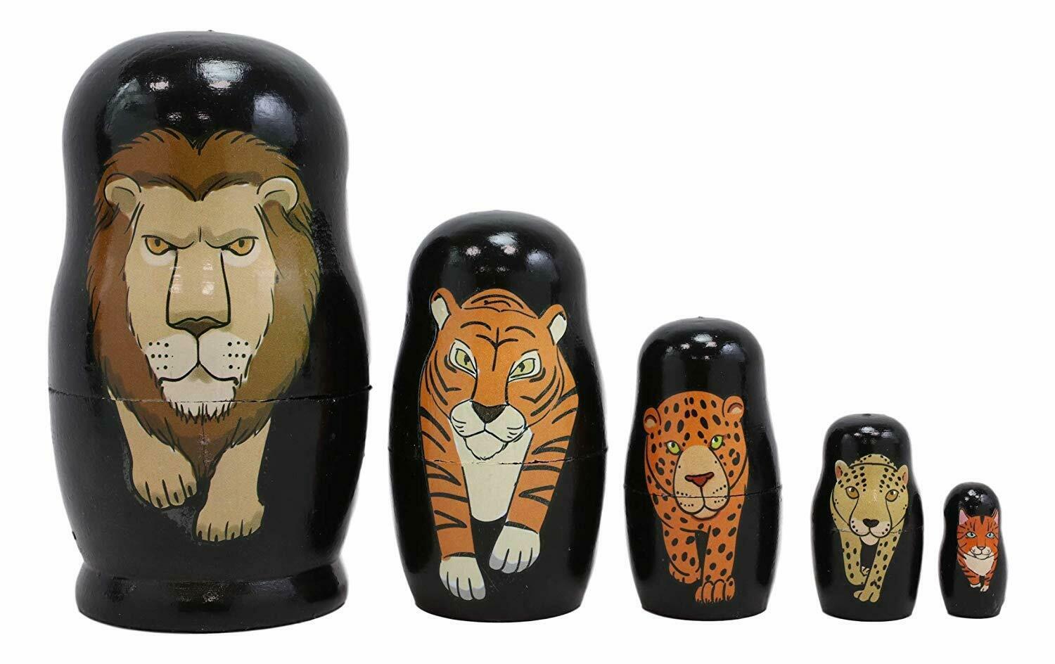 Safari Lion Tiger Cheetah Jaguar Tabby Cat Wooden Nesting Dolls Toy 5-Pc Set