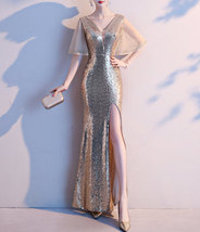 Women Gold Sequin Dress Cap Sleeve High Slit Sequin Maxi Wedding Dress,Plus Size image 4