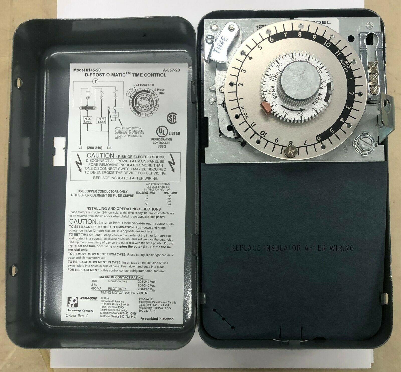240 VOLT COMMERCIAL REFRIGERATION DEFROST TIME CLOCK PARAGON MODEL 8145