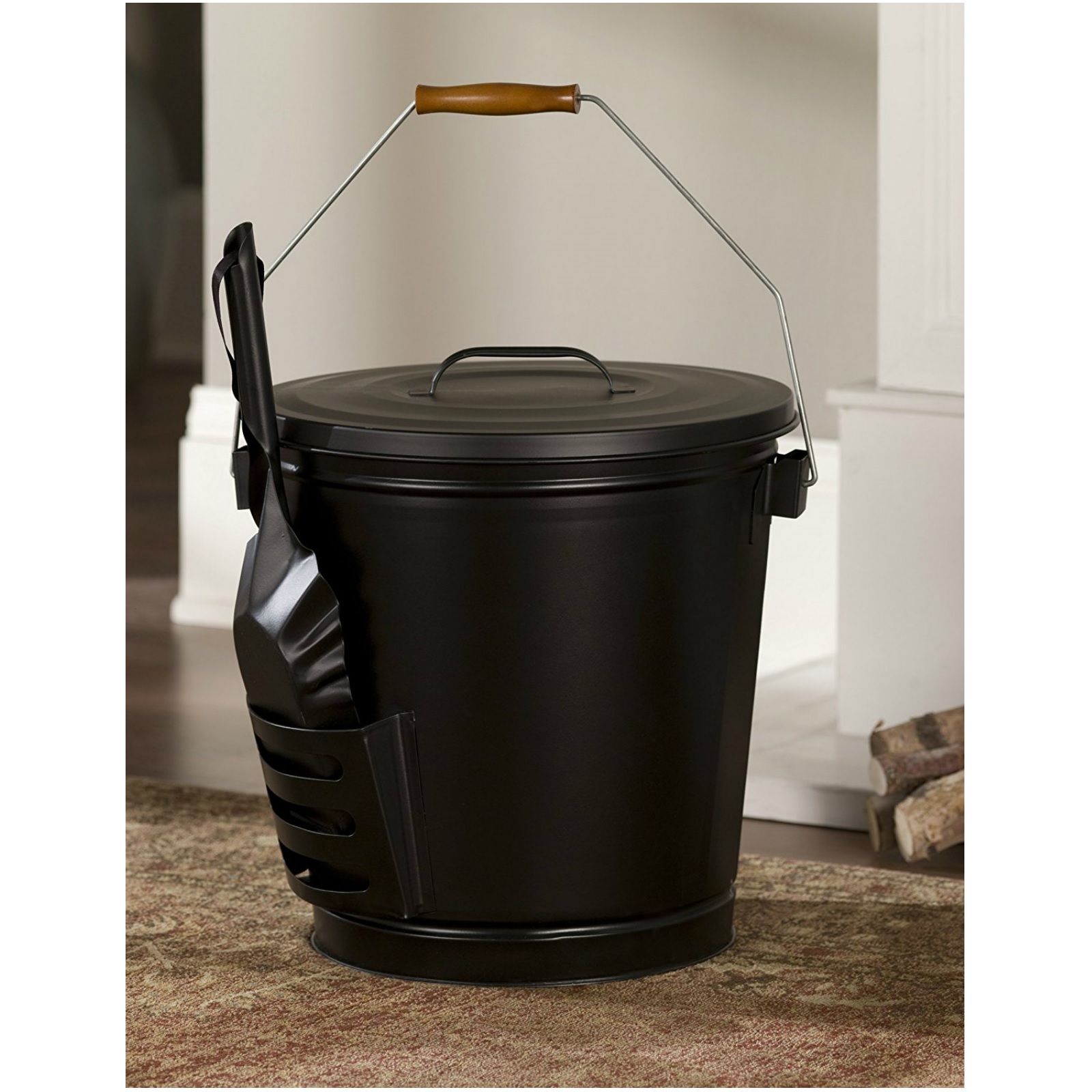 Fireplace Ash Bucket w/ Shovel Metal Pail Lid Wood Stove Coal Pellet