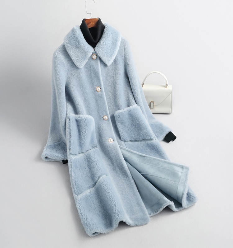 New light blue shearling wool classic button down long women coat with pockets