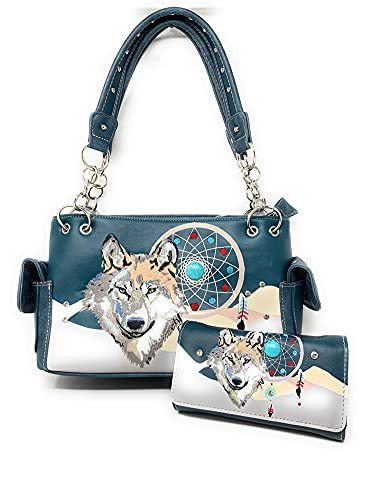 Western Wolf Dream Catcher Embroidery Feather Conceal Carry Women Handbag Purse