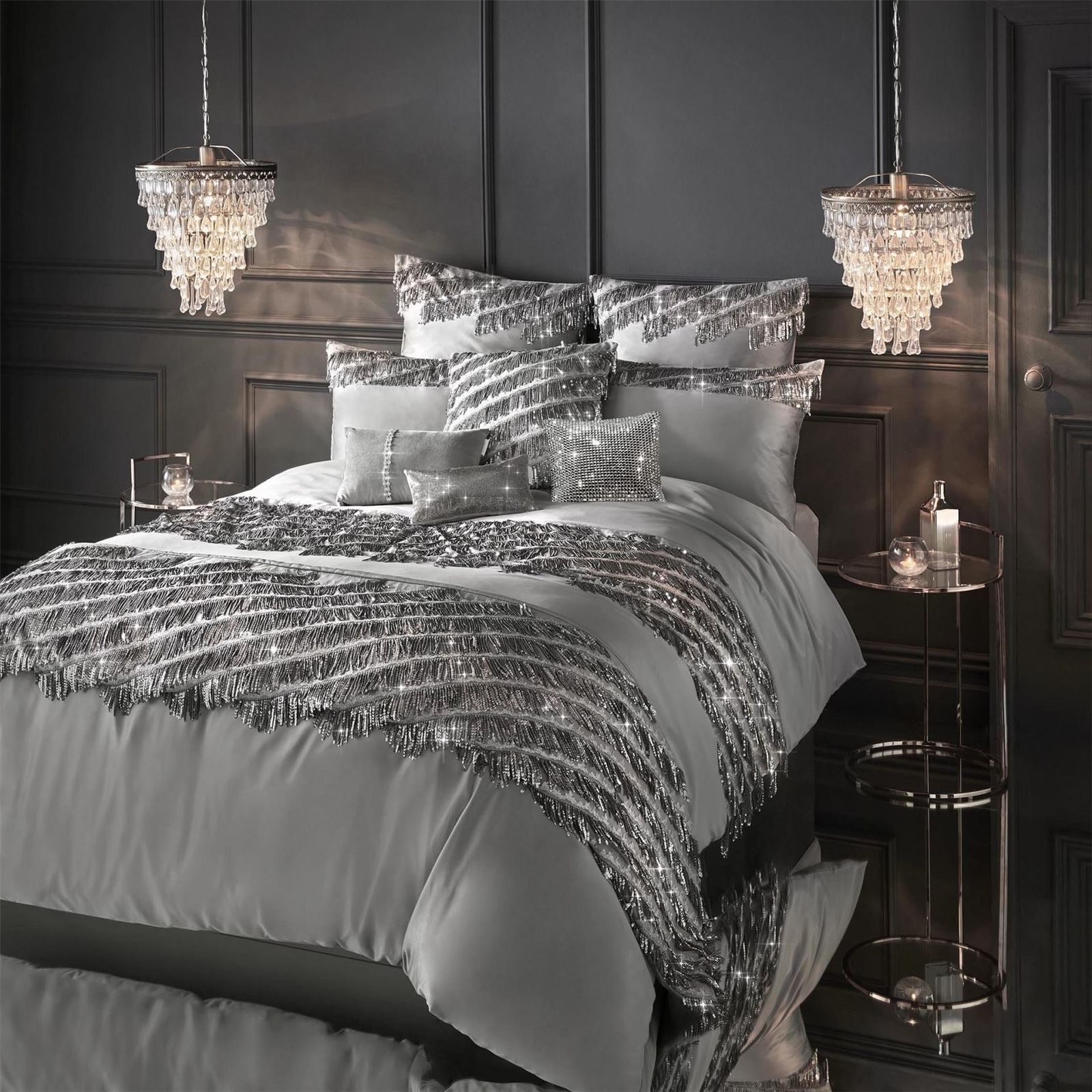 KYLIE MINOGUE ELIZA PEWTER SEQUINS SATIN 200TC DOUBLE DUVET COVER