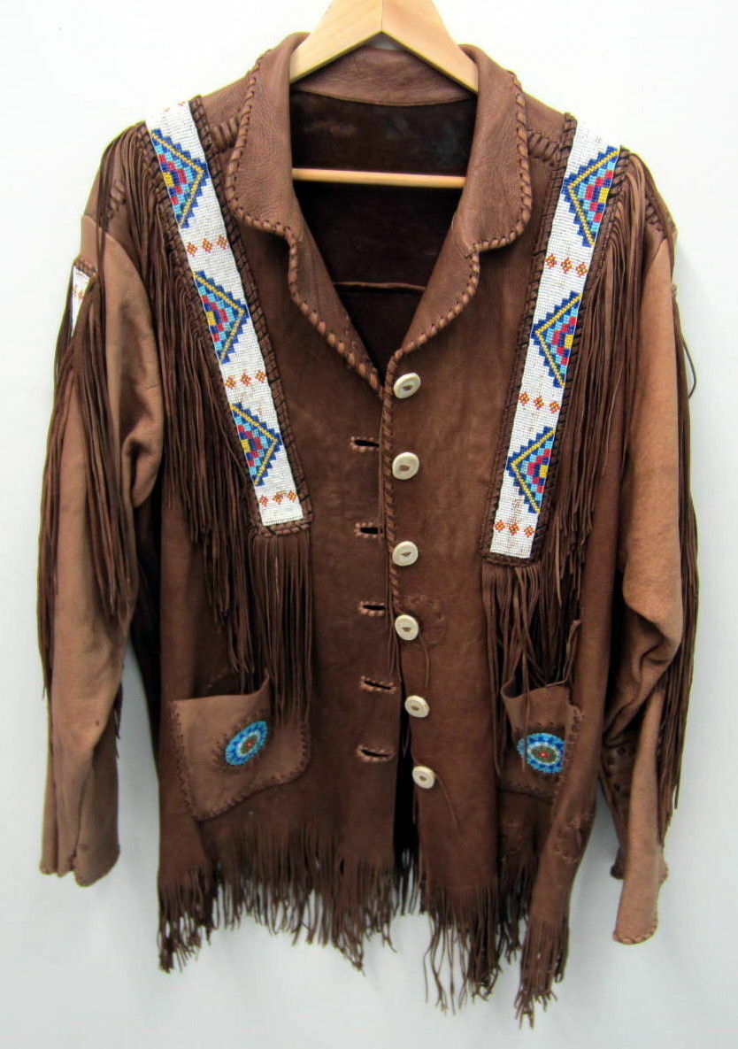 Men's New Native American Brown Buckskin Buffalo Leather Fringe Bead ...