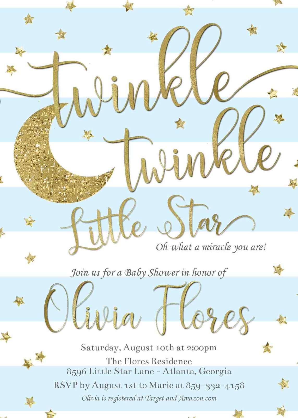 Twinkle Twinkle Little Star Baby Shower Invitation For Boy Gold Glitter Stars Blue Watercolor Stripes Customized Printable Digital File Templates Invitations Announcements